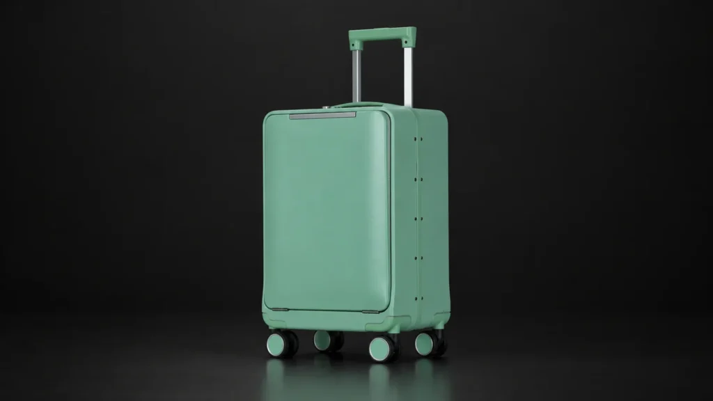 Sage green front-opening suitcase from the Aluvox range, studio shot on black