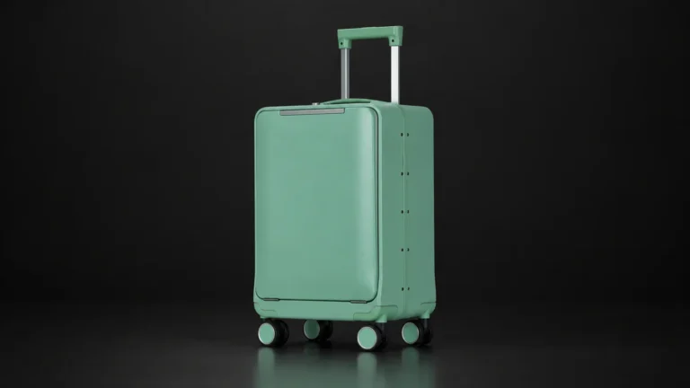 Sage green front-opening suitcase from the Aluvox range, studio shot on black
