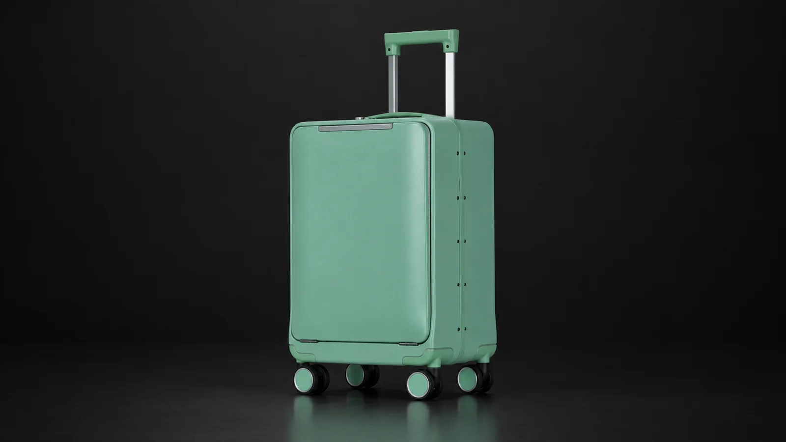 Sage green front-opening suitcase from the Aluvox range, studio shot on black