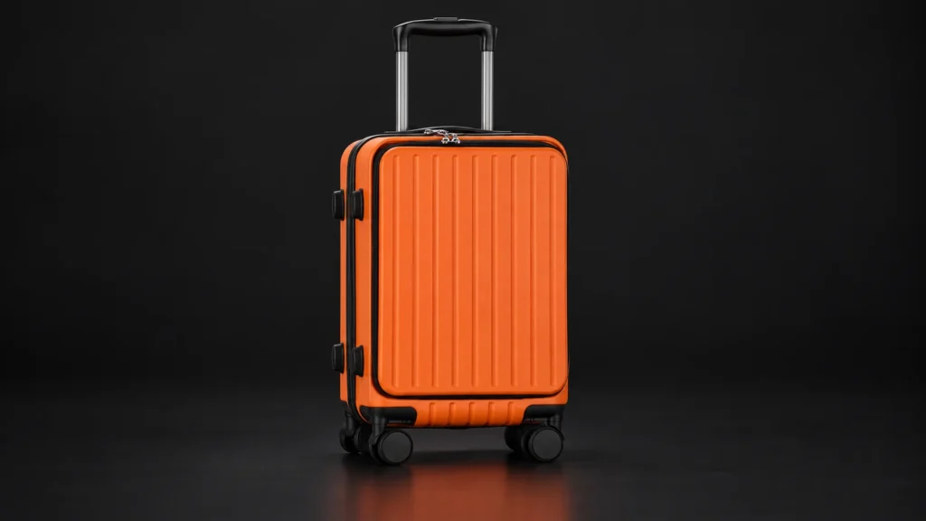 Orange ribbed front-opening suitcase from the Aluvox range, studio shot on black