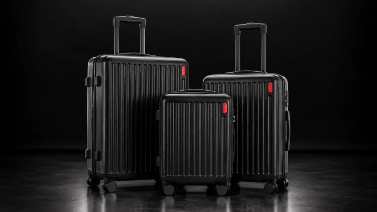 Three sizes of a black ribbed hardside suitcase from the Aluvox range, studio shot on black