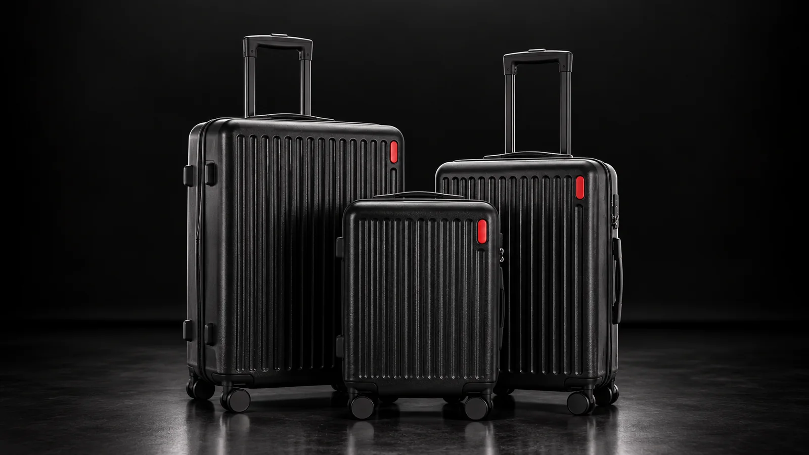 Three sizes of a black ribbed hardside suitcase from the Aluvox range, studio shot on black