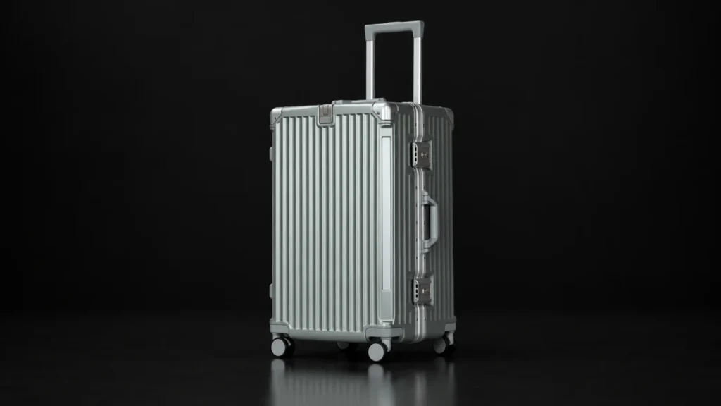 Grey-green aluminum-frame polycarbonate suitcase from the Aluvox range, three-quarter view, studio shot on black