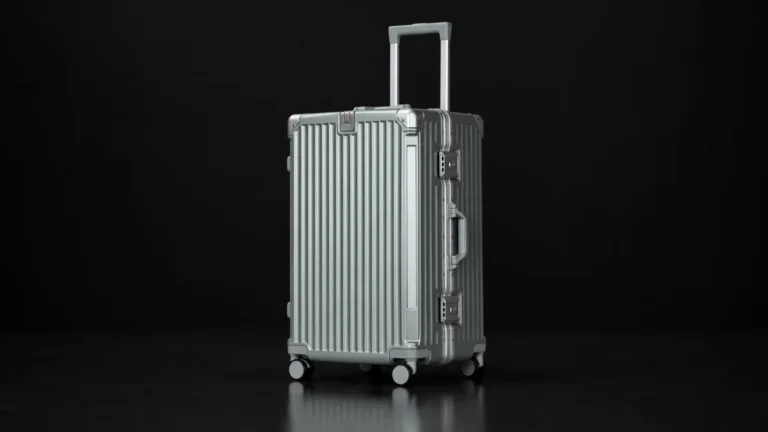 Grey-green aluminum-frame polycarbonate suitcase from the Aluvox range, three-quarter view, studio shot on black