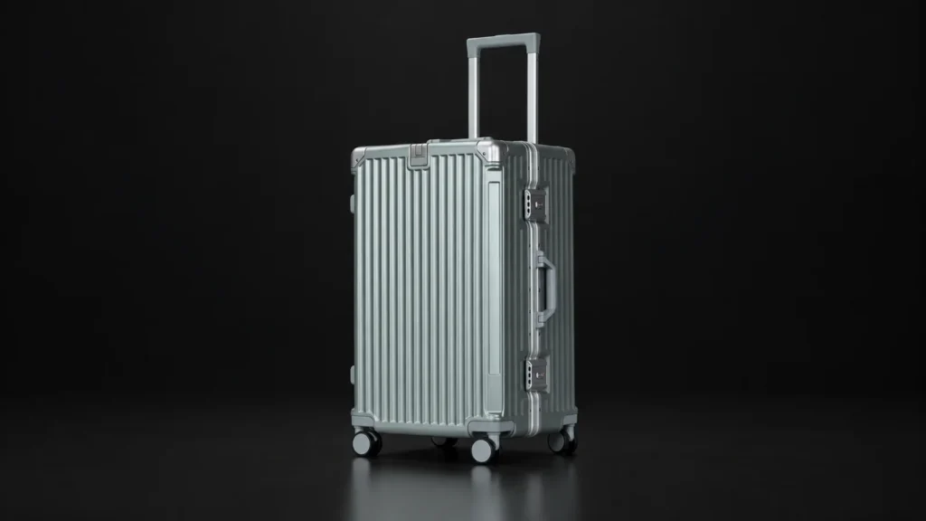 Grey-green ribbed aluminum-frame polycarbonate suitcase from the Aluvox range, studio shot on black