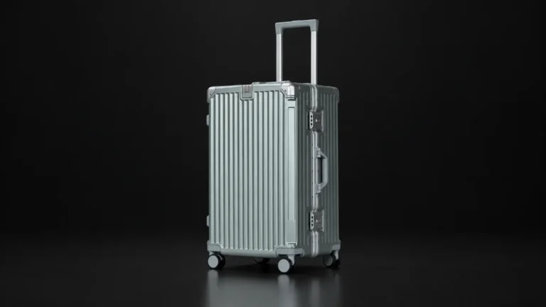 Grey-green ribbed aluminum-frame polycarbonate suitcase from the Aluvox range, studio shot on black
