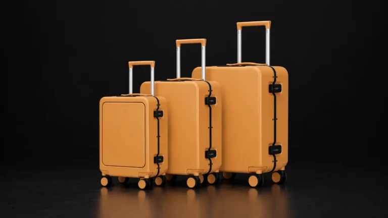 Three sizes of an orange aluminum-frame polycarbonate suitcase from the Aluvox range, studio shot on black