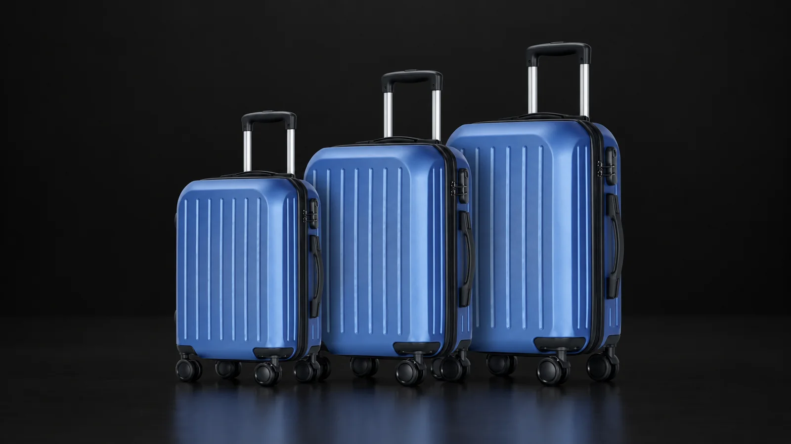Three sizes of a blue hardside suitcase from the Aluvox range, studio shot on black