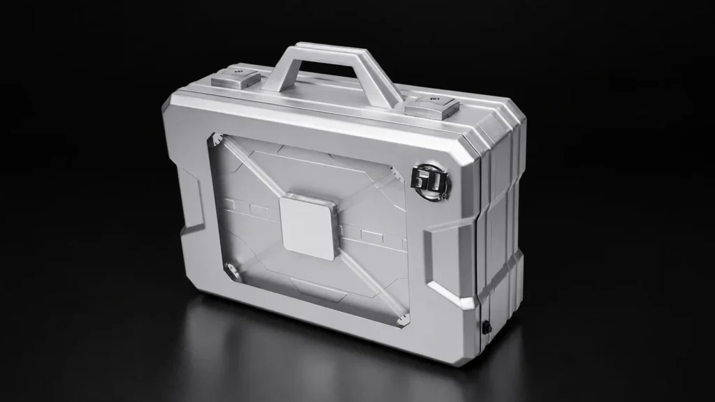 Silver aluminum makeup case from the Aluvox factory, studio shot on black