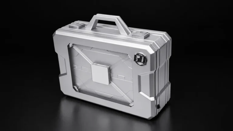 Silver aluminum makeup case from the Aluvox factory, studio shot on black