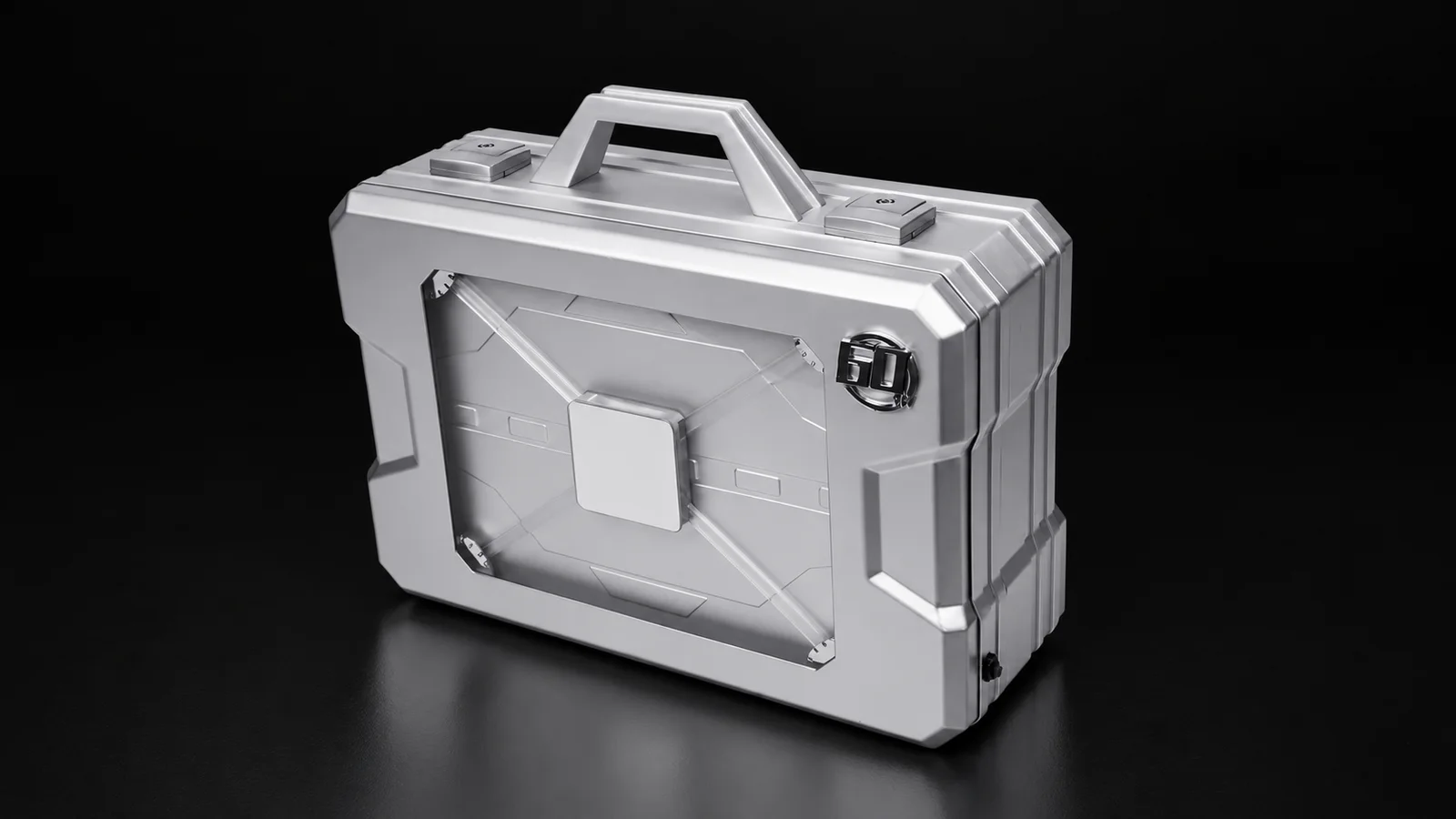 Silver aluminum makeup case from the Aluvox factory, studio shot on black
