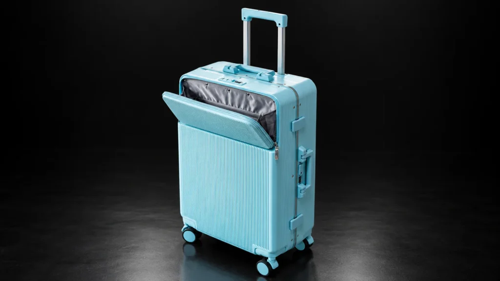 Light blue ribbed front-opening suitcase with the front panel open, from the Aluvox range, studio shot on black