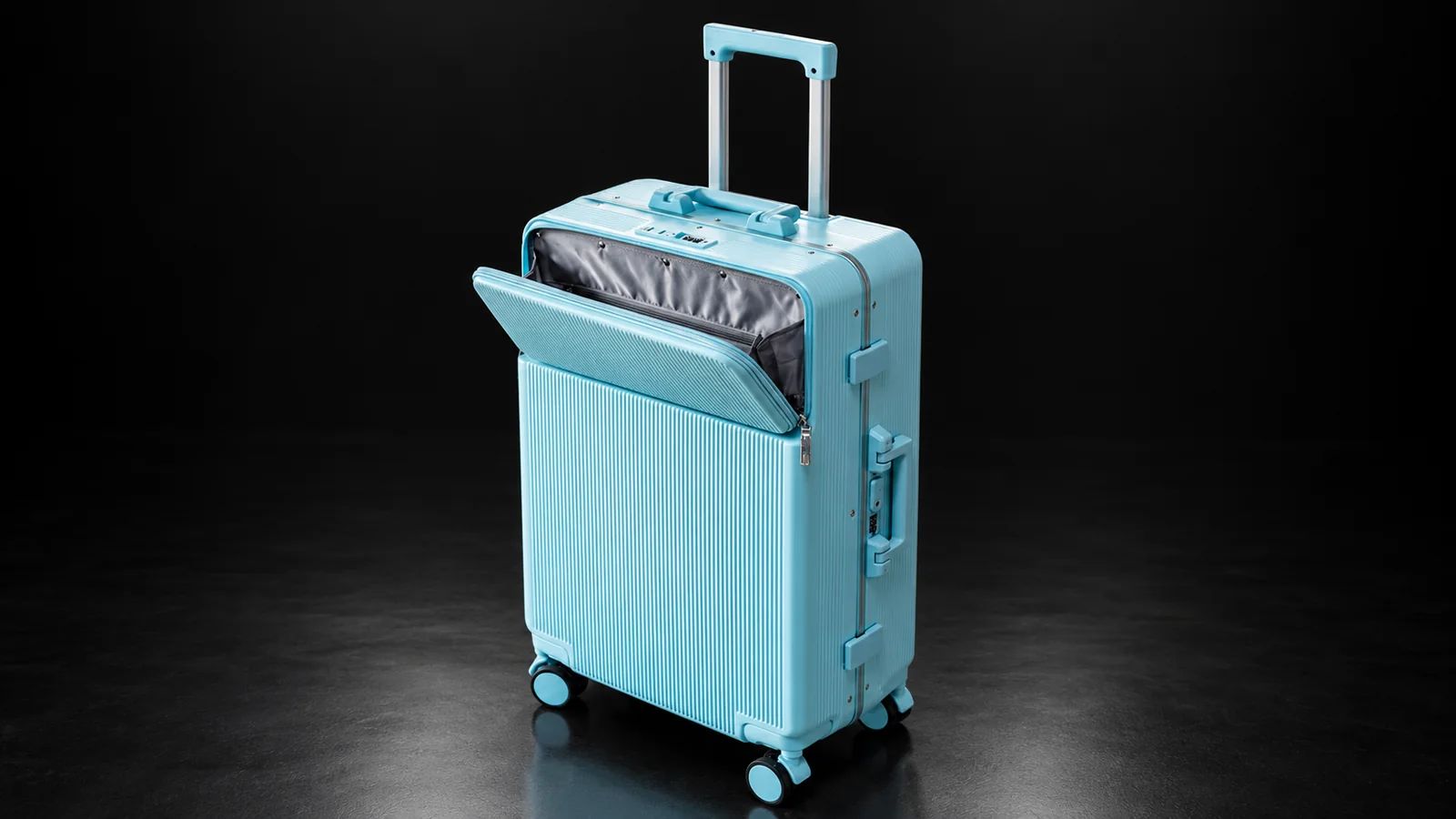 Light blue ribbed front-opening suitcase with the front panel open, from the Aluvox range, studio shot on black