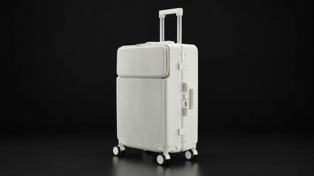 Off-white ribbed polycarbonate suitcase with front-opening pocket from the Aluvox range, studio shot on black