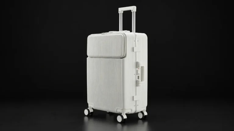 Off-white ribbed polycarbonate suitcase with front-opening pocket from the Aluvox range, studio shot on black