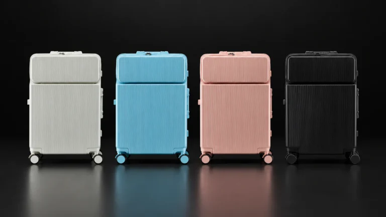 Four front-opening polycarbonate suitcases from the Aluvox range in white, blue, pink and black, studio shot on black