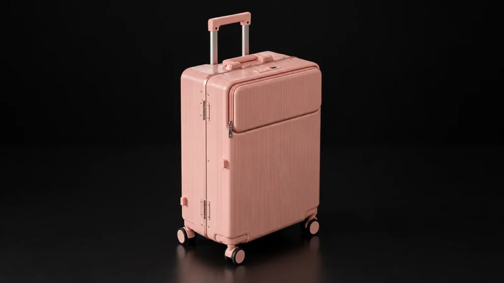 Pink ribbed polycarbonate suitcase with front-opening zipper pocket from the Aluvox range, studio shot on black