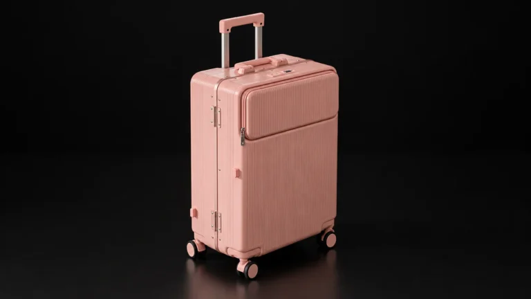 Pink ribbed polycarbonate suitcase with front-opening zipper pocket from the Aluvox range, studio shot on black