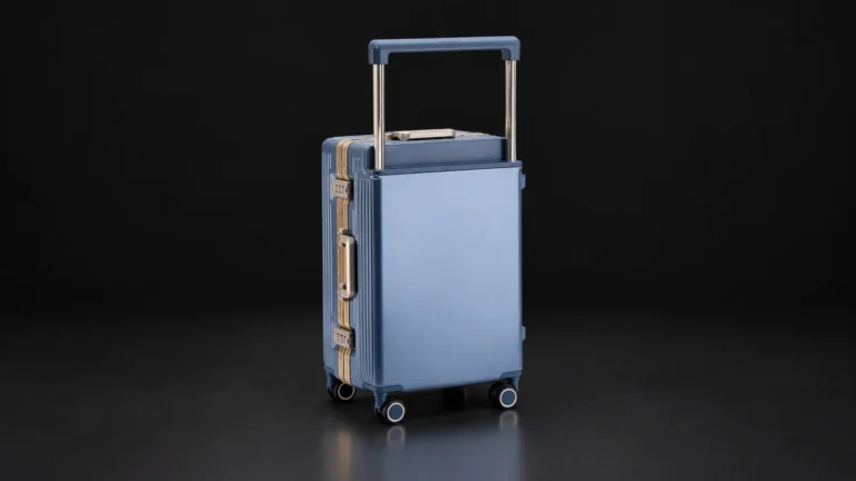 Light blue suitcase with wide telescopic handle and gold-tone frame from the Aluvox range, studio shot on black