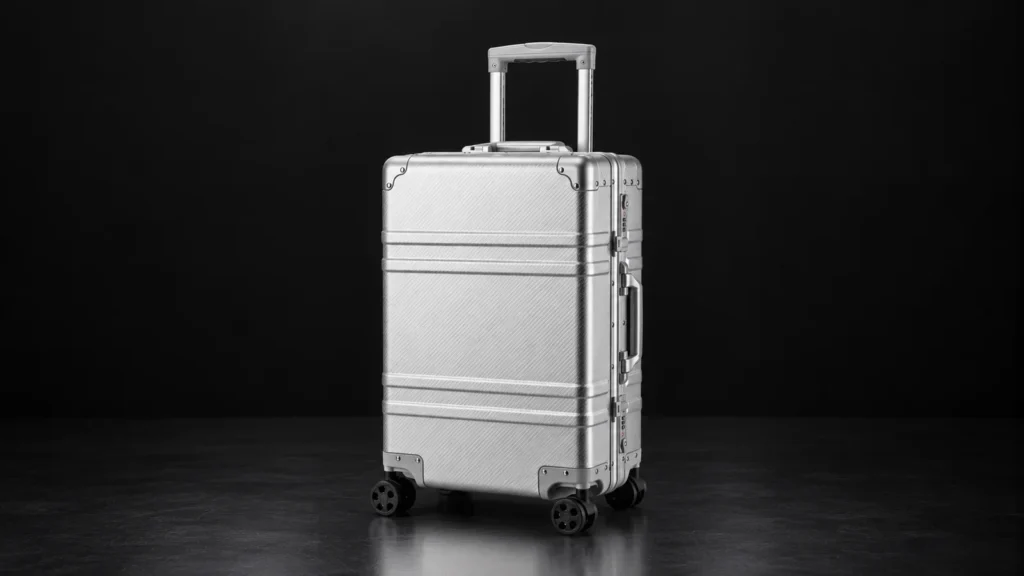 Silver aluminum suitcase with horizontal grooves from the Aluvox factory, studio shot on black