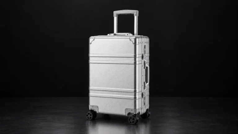 Silver aluminum suitcase with horizontal grooves from the Aluvox factory, studio shot on black