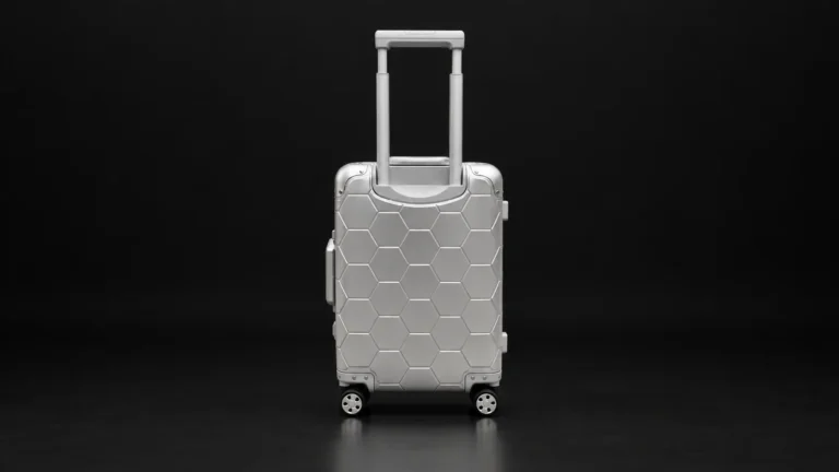 Silver hexagon-textured aluminum suitcase from the Aluvox factory, studio shot on black