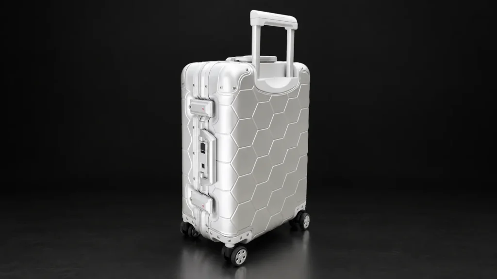 Silver hexagon-textured aluminum suitcase from the Aluvox factory, three-quarter view, studio shot on black