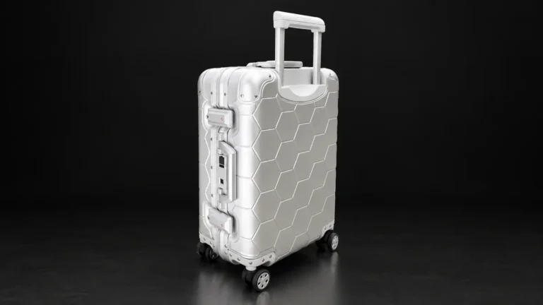 Silver hexagon-textured aluminum suitcase from the Aluvox factory, three-quarter view, studio shot on black