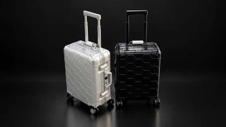 Silver and black hexagon-textured aluminum suitcases from the Aluvox factory, studio shot on black