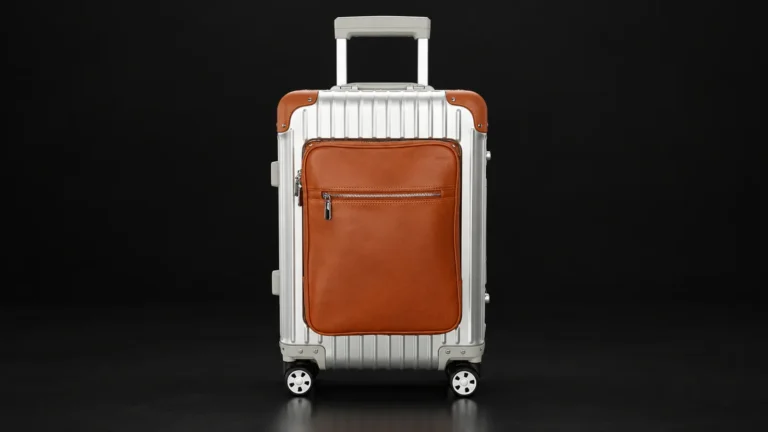Silver ribbed aluminum suitcase with brown leather front pocket from the Aluvox factory, studio shot on black