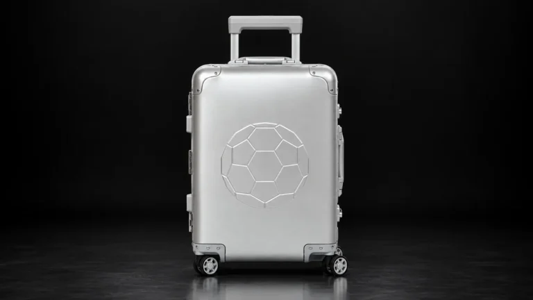 Silver aluminum suitcase with embossed pattern from the Aluvox factory, studio shot on black