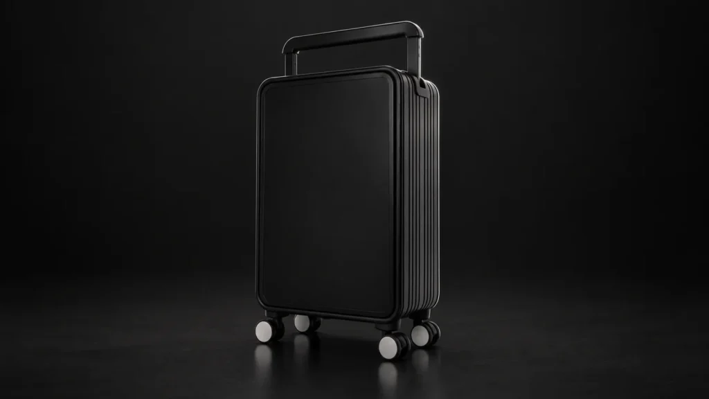 Black wide-handle aluminum suitcase from the Aluvox factory, studio shot on black