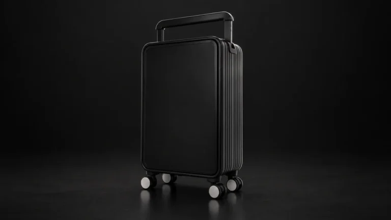 Black wide-handle aluminum suitcase from the Aluvox factory, studio shot on black
