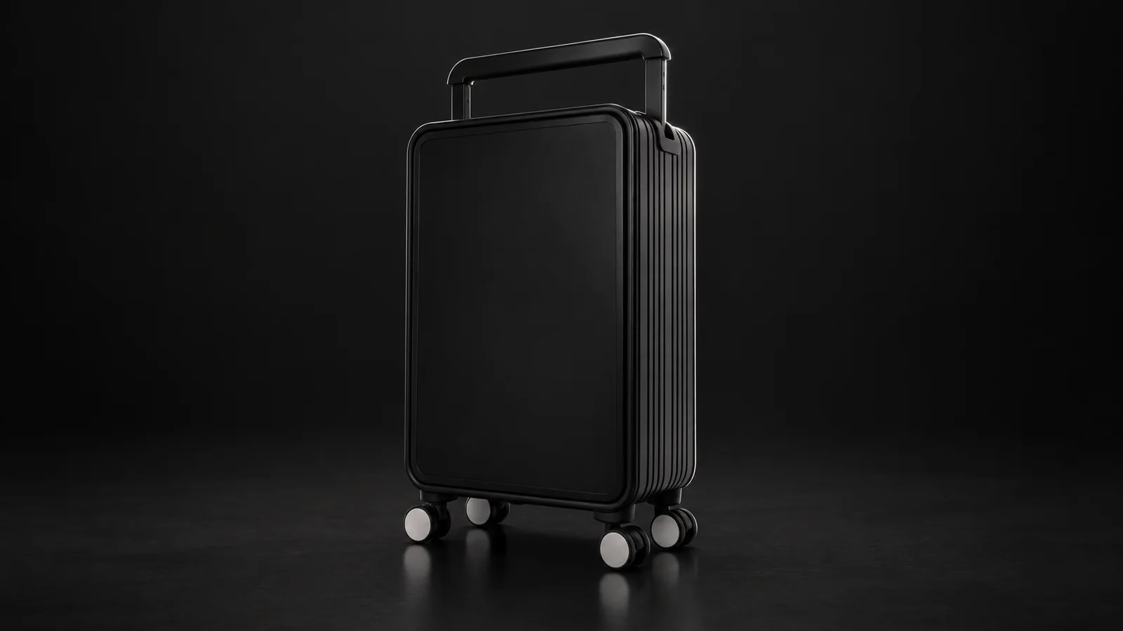 Black wide-handle aluminum suitcase from the Aluvox factory, studio shot on black