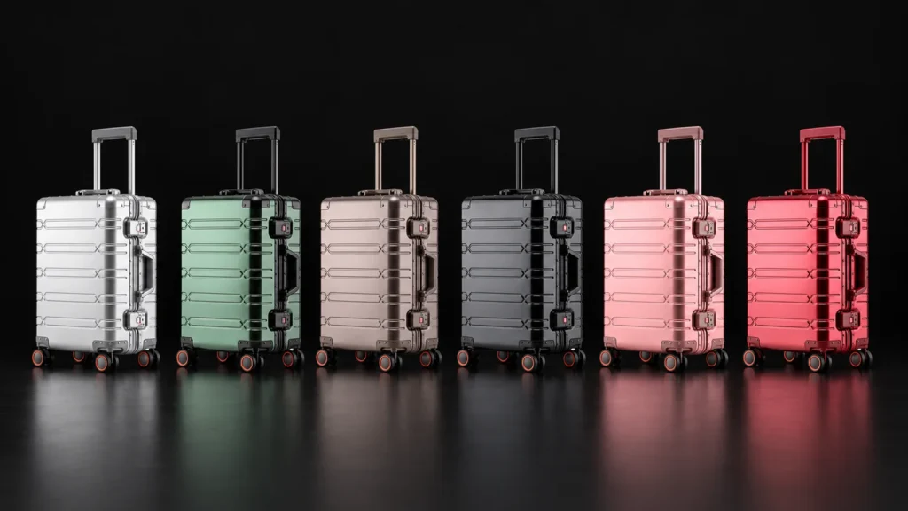Six aluminum frame suitcases from the Aluvox range in silver, green, champagne, graphite, rose gold and red, studio shot on black