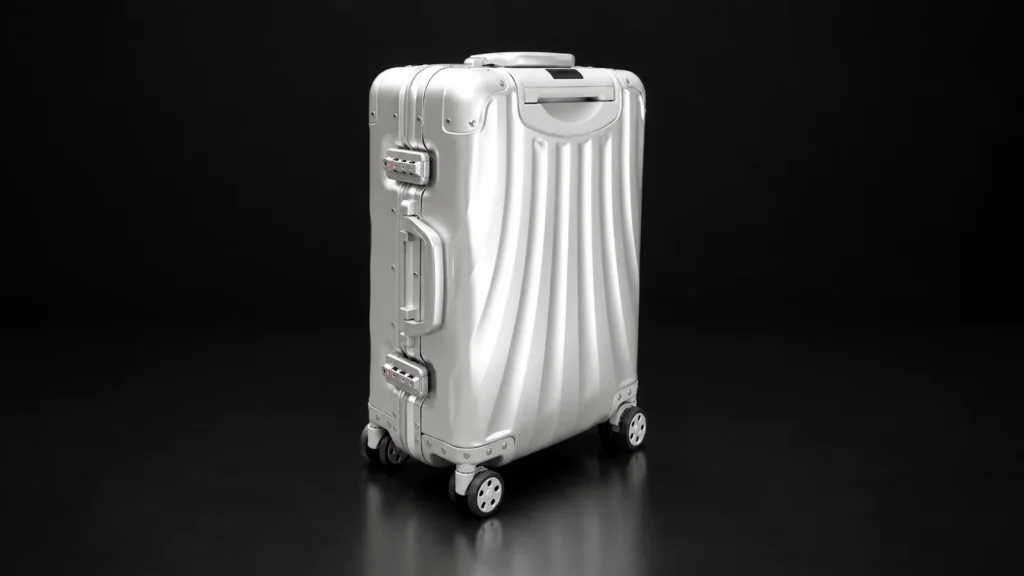 Silver wave-grooved aluminum frame suitcase from the Aluvox factory, studio shot on black