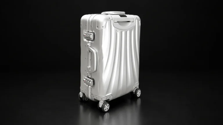 Silver wave-grooved aluminum frame suitcase from the Aluvox factory, studio shot on black