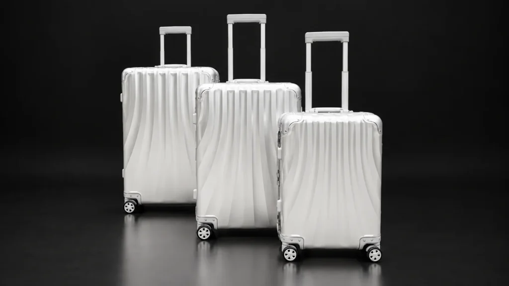 Three sizes of a wave-grooved aluminum suitcase from the Aluvox factory, studio shot on black