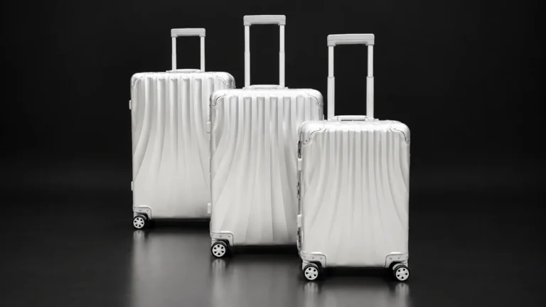 Three sizes of a wave-grooved aluminum suitcase from the Aluvox factory, studio shot on black