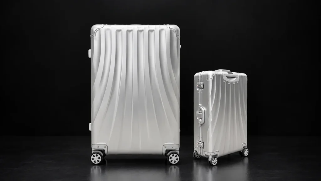 Two sizes of a wave-grooved aluminum suitcase from the Aluvox factory, studio shot on black