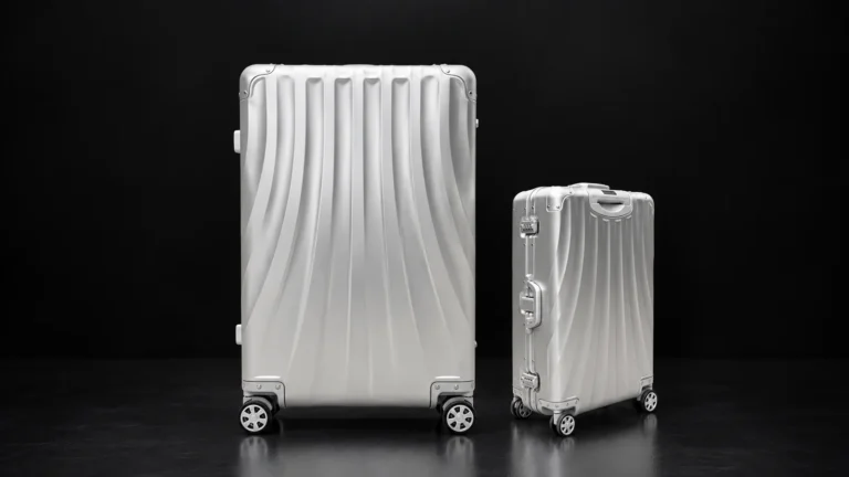 Two sizes of a wave-grooved aluminum suitcase from the Aluvox factory, studio shot on black