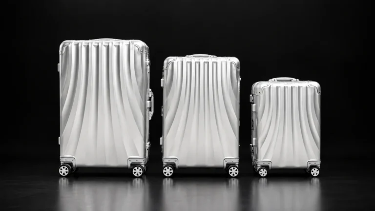 Three sizes of a wave-grooved aluminum suitcase from the Aluvox factory, studio shot on black