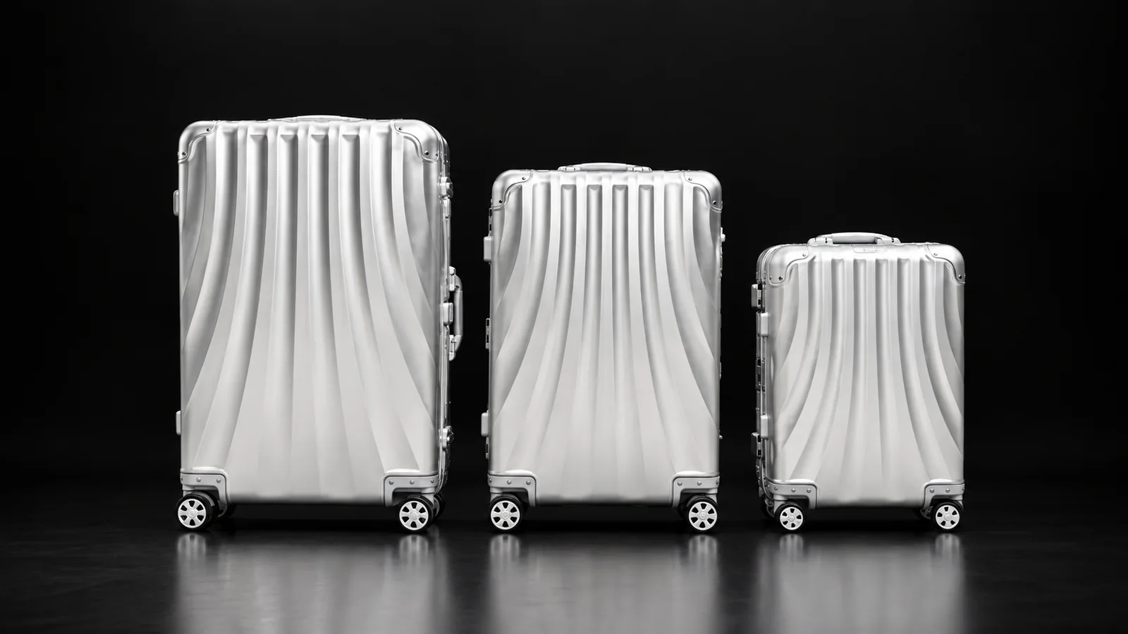 Three sizes of a wave-grooved aluminum suitcase from the Aluvox factory, studio shot on black
