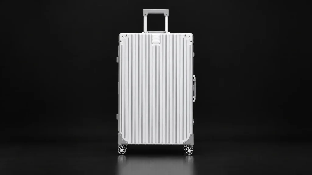 Silver ribbed aluminum suitcase from the Aluvox factory, front view, studio shot on black