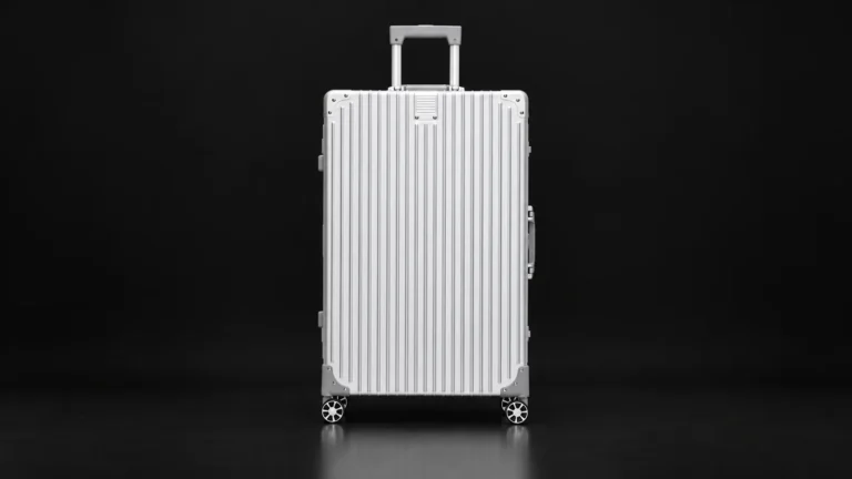 Silver ribbed aluminum suitcase from the Aluvox factory, front view, studio shot on black