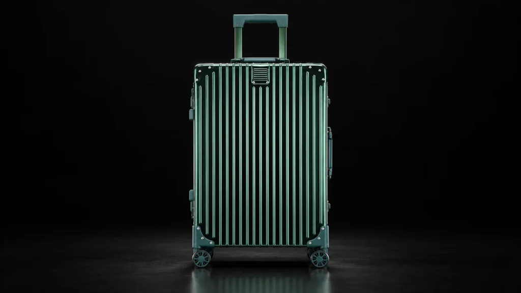 Dark green ribbed aluminum frame suitcase from the Aluvox factory, studio shot on black