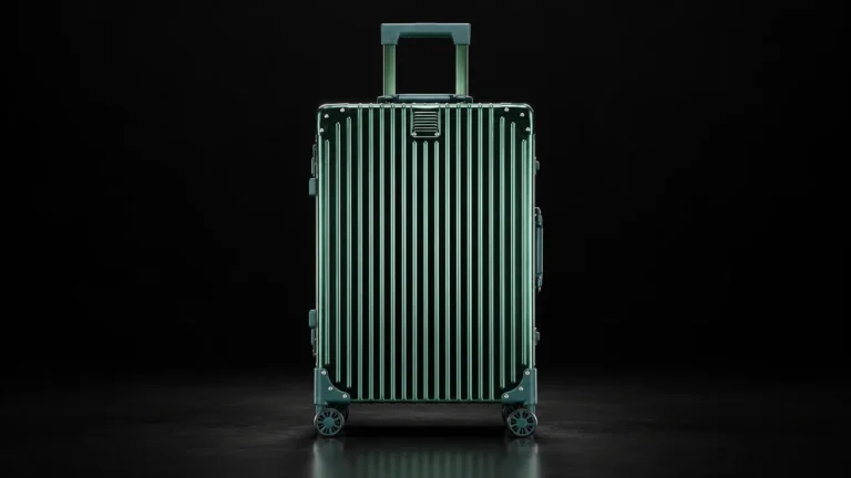 Dark green ribbed aluminum frame suitcase from the Aluvox factory, studio shot on black