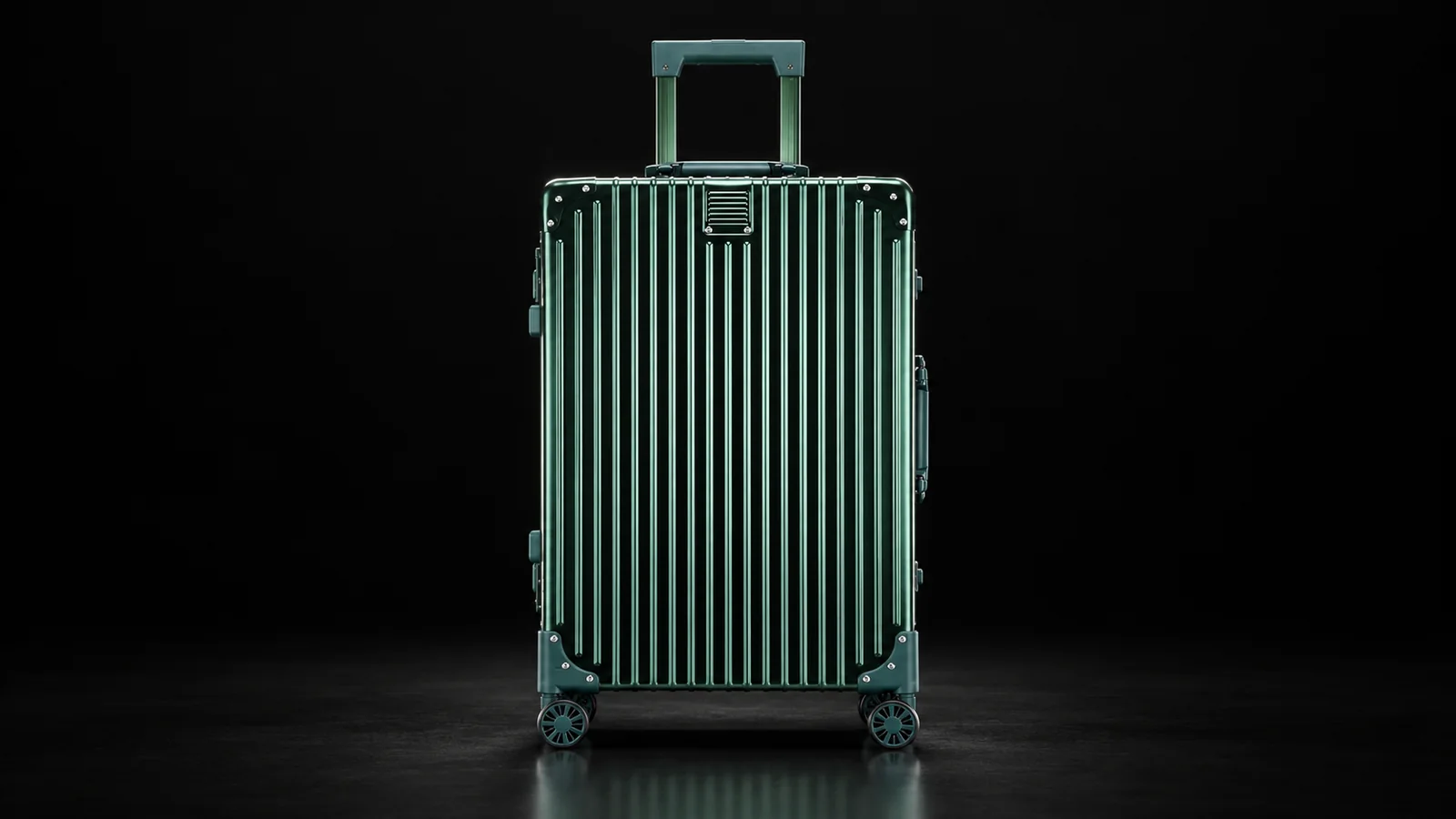 Dark green ribbed aluminum frame suitcase from the Aluvox factory, studio shot on black
