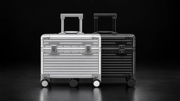 Silver and black ribbed aluminum pilot cases from the Aluvox factory, studio shot on black