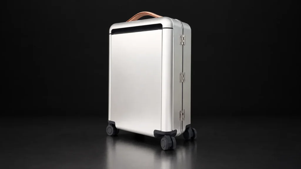 Smooth silver aluminum suitcase with leather top handle from the Aluvox factory, studio shot on black